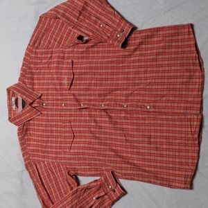 Orvis Troutbum Orange Plaid Pearl Snap Long Sleeve Outdoor Skirt Size Large